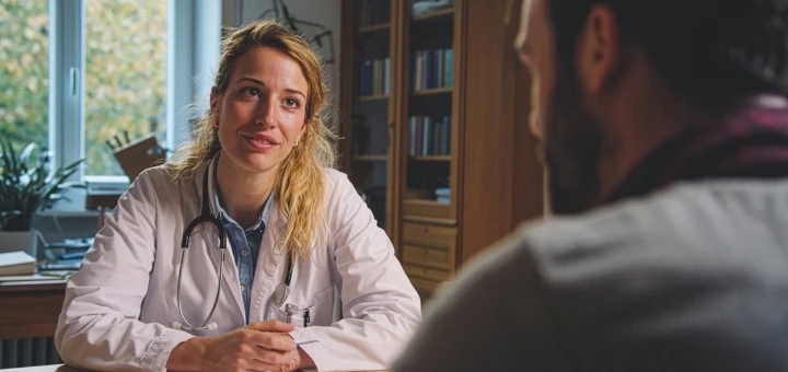 Arztin im Gespräch mit Patienten