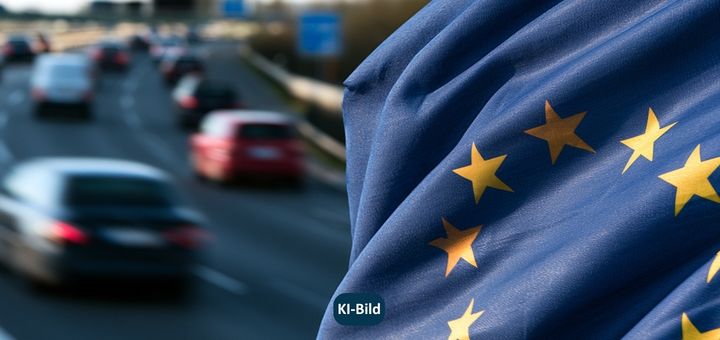 Autos auf Autobahn + EU-Fahne - KI-Bild