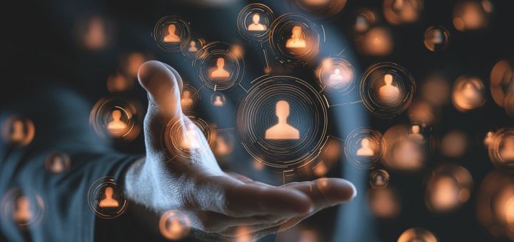 Hand streckt sich in Richtung beleuchteter Menschen-Icons