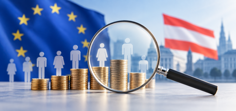 Eine EU-Fahne und die Österreichische Fahne im Hintergrund - im Vordergrund Geld und eine Lupe.